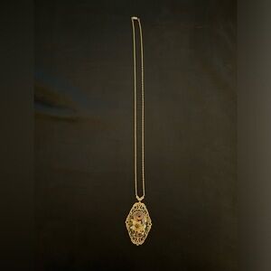 Women’s Vintage Lavalier necklace with foil flowers under acrylic in gold tone